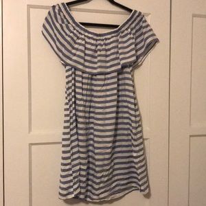 Blue + White Striped Off the Shoulder Dress